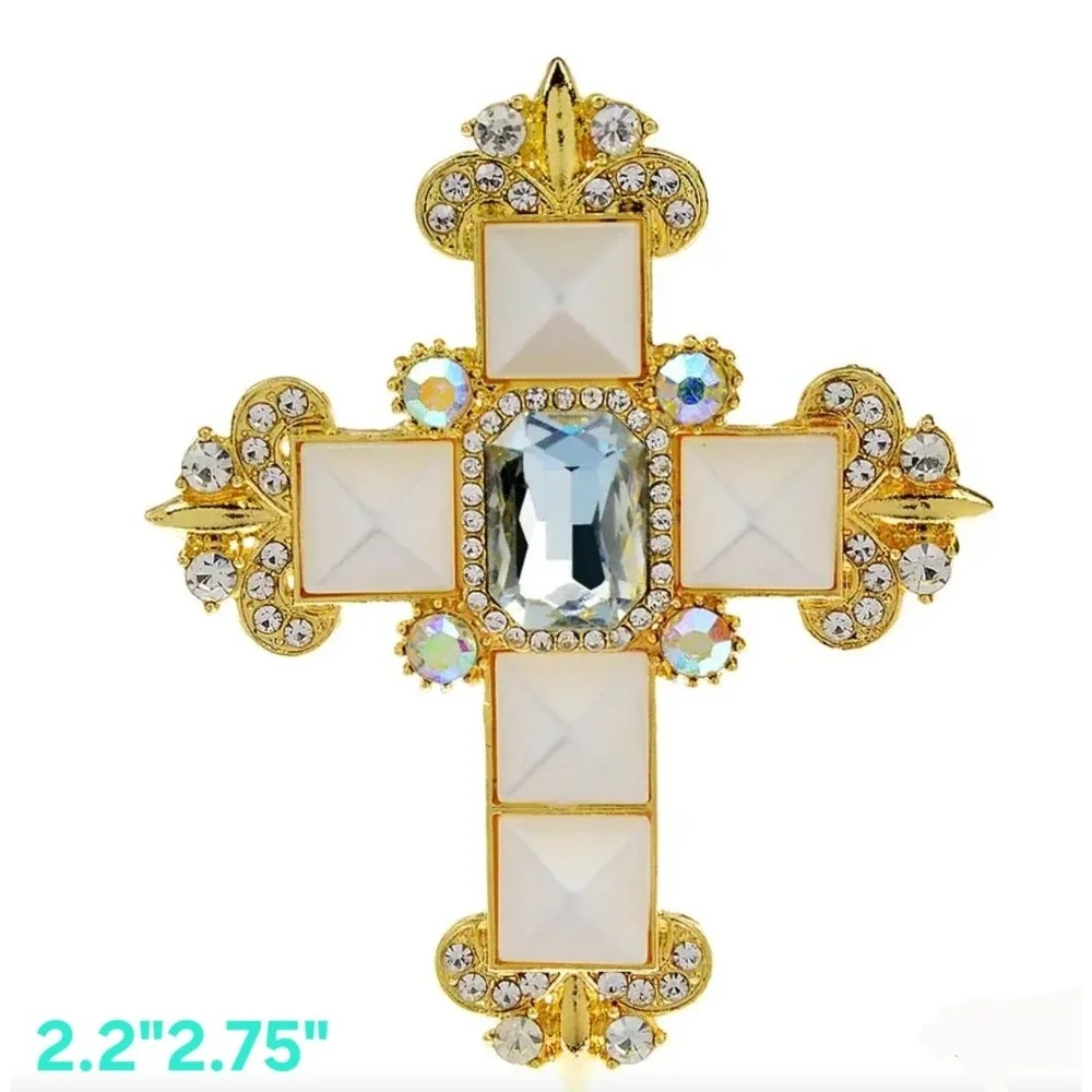 Gold Cross Brooch Pin‎ White Rhinestone Religious Lapel Pin Womens Jewelry